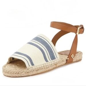 Tory Burch Awning Espadrille Sandals Blue Cream Size 8